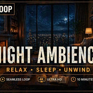 Peut inclure: Une ambiance nocturne illustrée avec le texte "NIGHT AMBIENCE" et les mots "RELAX, SLEEP, UNWIND". L'image montre un intérieur chaleureux avec une cheminée, des étagères et une fenêtre donnant sur une ville la nuit. Le texte "4K LOOP" et "4K ULTRA HD" sont également visibles.
