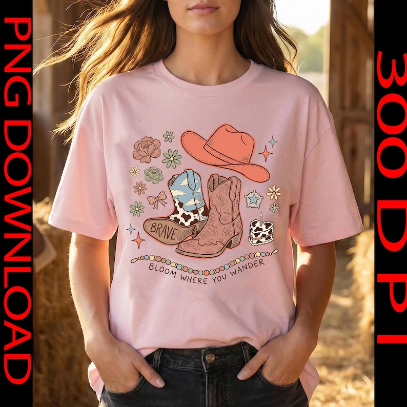 May include: A light pink t-shirt featuring a graphic print of a cowboy hat, two western boots, flowers, a star, and a heart-shaped cake. The text "BRAVE" is on one boot, and the text "BLOOM WHERE YOU WANDER" is printed below the graphic.