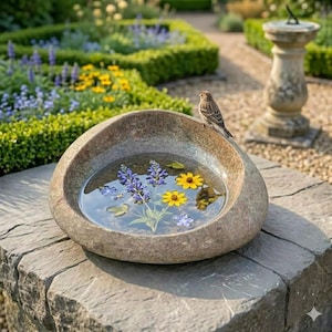 May include: A stone bird bath with a smooth, rounded basin filled with water, featuring floating purple salvia and yellow daisy flowers. A small brown bird is perched on the rim of the basin, which rests on a textured stone surface in a garden.