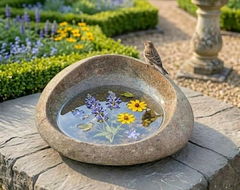 Baño para pájaros de piedra de río natural, decoración rústica de cerámica para jardín, regalo para amantes de las aves al aire libre