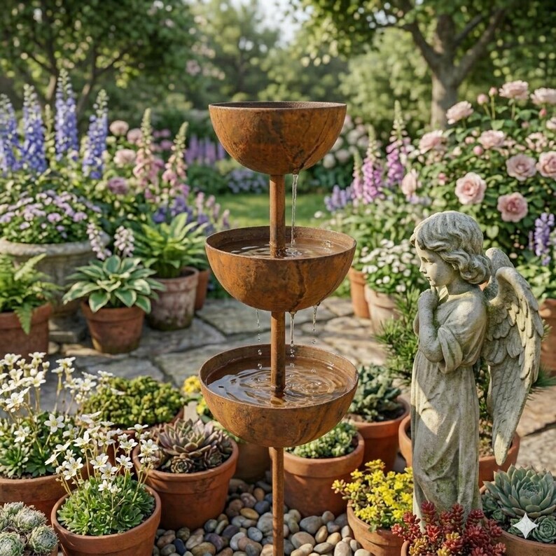 Rain Catcher Garden Stake, Tiered Copper Bird Bath Fountain, Rustic ...