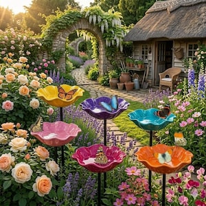 Könnte beinhalten: Sechs bunte, blumenförmige Vogeltränken auf schwarzen Metallstäben, jede mit einem Schmetterling am Rand. Die Schalen sind gelb, lila, rosa, türkis, magenta und orange und stehen in einem Garten mit Rosen und einem Steinbogen.