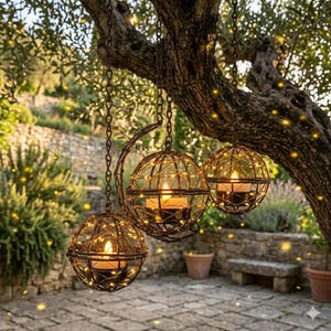 Può includere: Tre lanterne sferiche in filo metallico appese a catene, contenenti ciascuna una piccola candela bianca. Le strutture in metallo scuro sono avvolte da sottili luci a corda che emettono una calda illuminazione gialla.