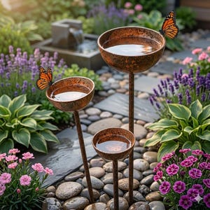 May include: A three-tiered metal bird bath with a rustic, weathered brown finish. Each of the three circular bowls is filled with water and mounted on a thin, vertical stake. Two orange and black monarch butterflies rest on the rims.