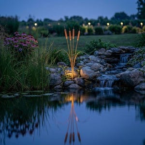 May include: A decorative garden light shaped like a cluster of five cattails with illuminated brown tips. The light stands among rocks near a pond, casting a warm glow that reflects on the water surface during the twilight hours of the evening.