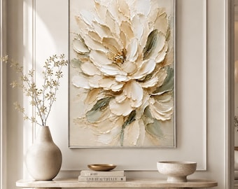 White Floral Oil Painting, Neutral Impasto Flower Wall Art, Large Textured Botanical Canvas for Living Room Bedroom Decor