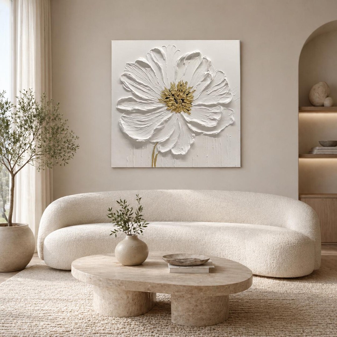 White 3D Flower Oil Painting on Canvas, Large Handmade Textured Floral ...