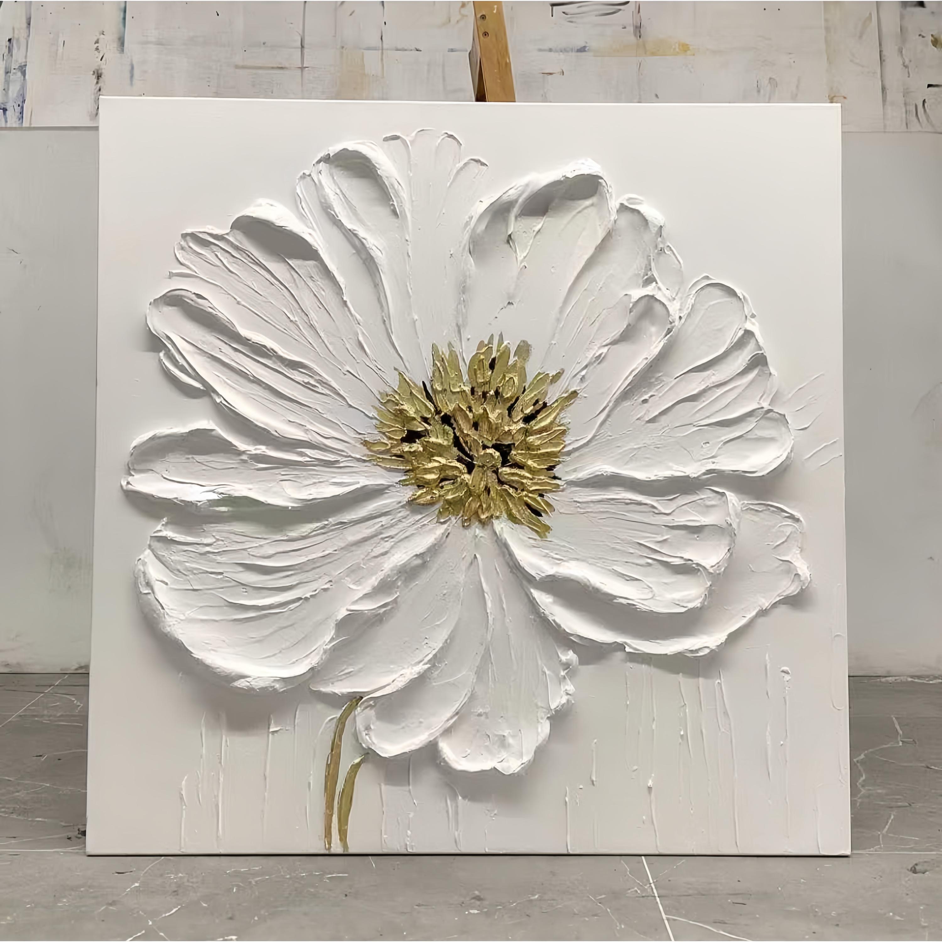 White 3D Flower Oil Painting on Canvas, Large Handmade Textured Floral ...