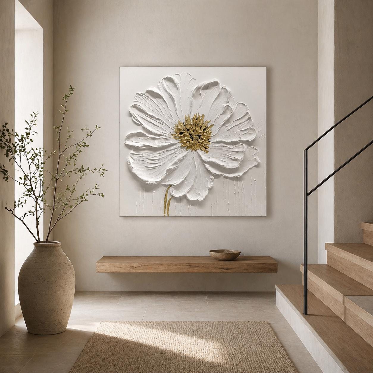White 3D Flower Oil Painting on Canvas, Large Handmade Textured Floral ...