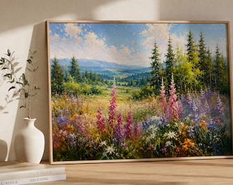 Peinture à l'huile de paysage de fleurs sauvages, art mural prairie de montagne, grande toile peinte à la main pour décoration de salon