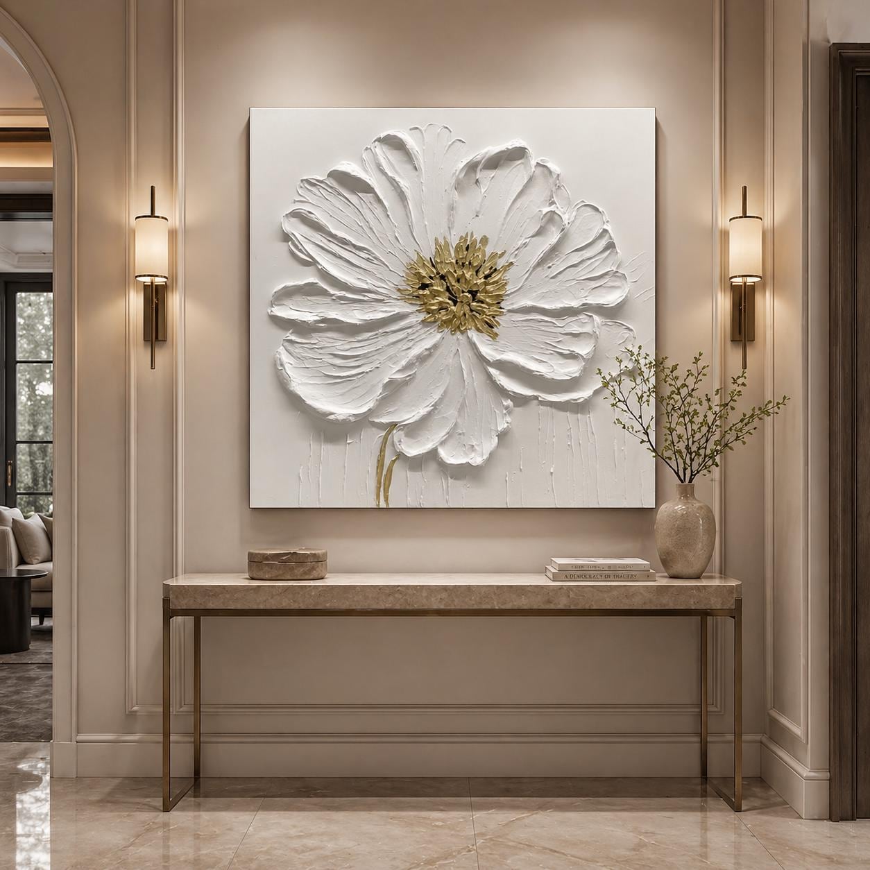 White 3D Flower Oil Painting on Canvas, Large Handmade Textured Floral ...