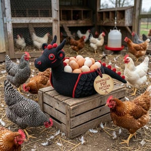 May include: A black crochet dragon-shaped basket filled with brown and white eggs, with red accents. The basket sits on a wooden crate, surrounded by chickens. A wooden tag reads "DOWNLOAD PDF PATTERN".
