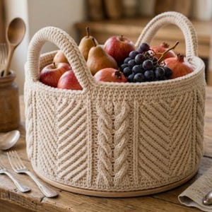 May include: A beige, hand-knitted basket filled with fresh fruit, including red apples, pears, pomegranates, and grapes. The basket has two handles and a decorative cable knit and chevron pattern. The basket is sitting on a wooden surface.