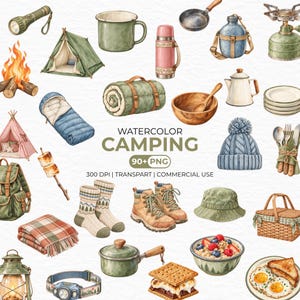 Pode incluir: Uma coleção de ilustrações de acampamento em aquarela, incluindo uma barraca verde, fogueira, saco de dormir, mochila, lanterna, botas de caminhada, meias, utensílios de cozinha, comida e uma cesta de piquenique.