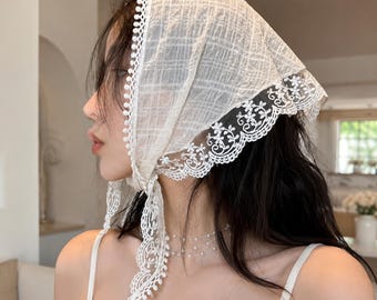 Pañuelo blanco de encaje para la cabeza, diadema tipo bandana triangular, turbante vintage para mujer.