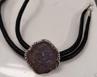 Heavy Sterling Silver Bolo Tie – Handcrafted Iridescent Purple Cabochon – 3+ oz Artisan Western Statement Piece