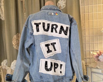 Upcycled Size Men's Roomy XL Embellished Jean Jacket