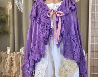 Upcycled M/L Purple Chenille Jacket With Vintage Lace Crochet