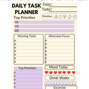 May include: A daily planner page titled Novaprint Ventures ADHD DAILY PLANNER. It features sections for Date, Note, Weather, Top Priorities, Morning Tasks, Afternoon Focus, Mood Today with heart icons, a Drink Water tracker with water drop icons, and Exercise.