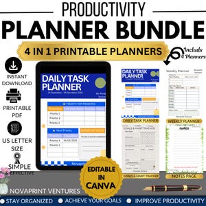 Könnte beinhalten: Ein Produktivitätsplaner-Paket mit vier druckbaren Planern, darunter ein täglicher Aufgabenplaner, ein Wochenplaner, ein Ziel- und Gewohnheitstracker sowie eine Notizseite. Das digitale Display zeigt einen täglichen Aufgabenplaner.