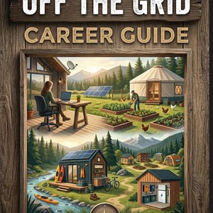 May include: A framed illustration with the text "OFF THE GRID CAREER GUIDE." The image depicts off-grid living with a woman working on a laptop, solar panels, a yurt, gardens, and small cabins. A compass is at the bottom.