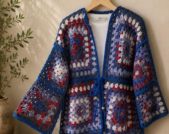 Ręcznie robiony na szydełku kardigan, sweter Grandma Square, gruba dzianinowa kurtka boho, przytulny strój festiwalowy, prezent dla kobiet