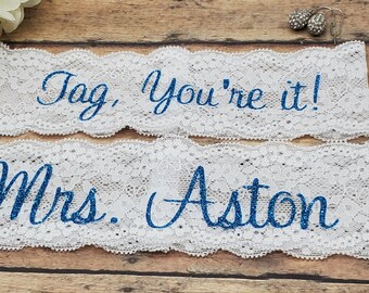 Aqua Garter, Garter, Wedding Garter, Shower Gift, Brides Garter, Brides Lingerie, Something Blue, Personalized, Boudoir, Tag, You're It!