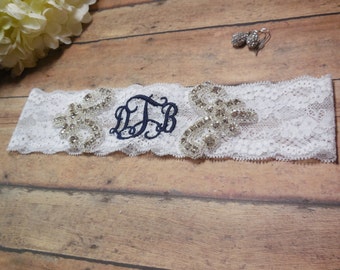 Monogrammed Garter, Monogram, Wedding Monogram, Blue Garter, Something Blue Garter, Rhinestone Garter, Garter, Bling, Wedding, Navy Garter