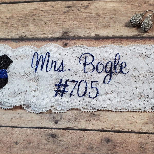 Police Garter, Police Wife, Thin Blue Line, Something Blue, Brides Lingerie, Shower Lingerie, Sparkly Garter, Wedding Garter, Garter