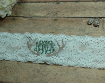 Monogrammed Garter, Sage Garter, Green Garter, Garter, Personalized Garter, Antler Garter, Hunter Garter, Rustic Garter, Custom Garter,Bride