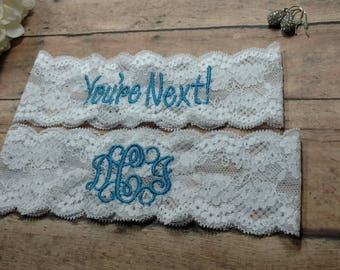 Monogrammed Garter, Garter, Blue Garter, Something Blue, Shower Gift, Wedding Garter, Wedding Keepsake, Custom Garter, You're Next Garter