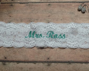 Personalized Garter. Custom Garter, Embroidered Garter, Teal Garter, Garter, Wedding Garter, Wedding, Bride, Keepsake, Shower Gift