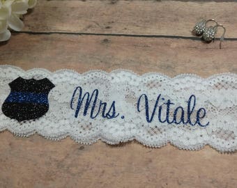 Police Garter, Police Wife, Thin Blue Line, Bling Garter, Something Blue, Shower Gift, Blue Garter, Garter, Wedding Garter, Brides Garter