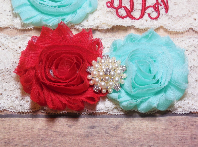Custom Garter Mint and Red Garter Monogram Wedding Garter Personalized Garter Garter Monogrammed Garter Red Garter Mint Garter
