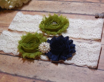 Navy Garter, Blue Garter, Olive Green Garter, Green Garter, Garter, Wedding, Bride, Bridal, Lace Garter, Wedding garter,Something blue