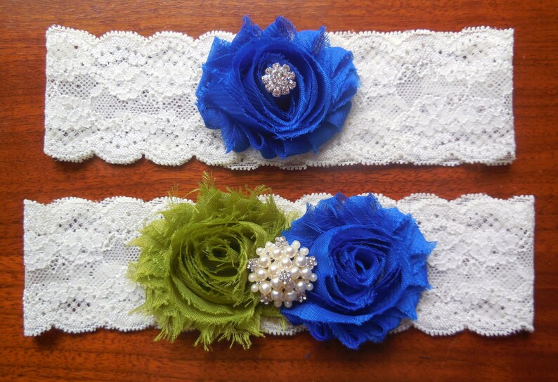 Blue Garter/ Wedding Garter / Garter / Lace Garter / Green Garter / Royal Blue Garter / Blue and Olive Garter / Something Blue / Lace Garter image 1