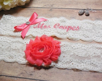 Coral Garter, Personalized Garter, Custom Garter, Garter, Monogrammed Garter, Embroidered Garter, Wedding, Bride, Bridal, Garter with name