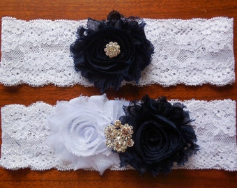 Navy Garter/ Wedding garter / Navy and White garter / Blue garter  / Lace garter/ Something blue / Garter