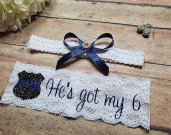 Police Garter, Police Wife, Thin Blue Line Garter, Garter, Shower Gift, Wedding Garter, Bling Garter, Brides Lingerie,Blue Garter,Garter Set