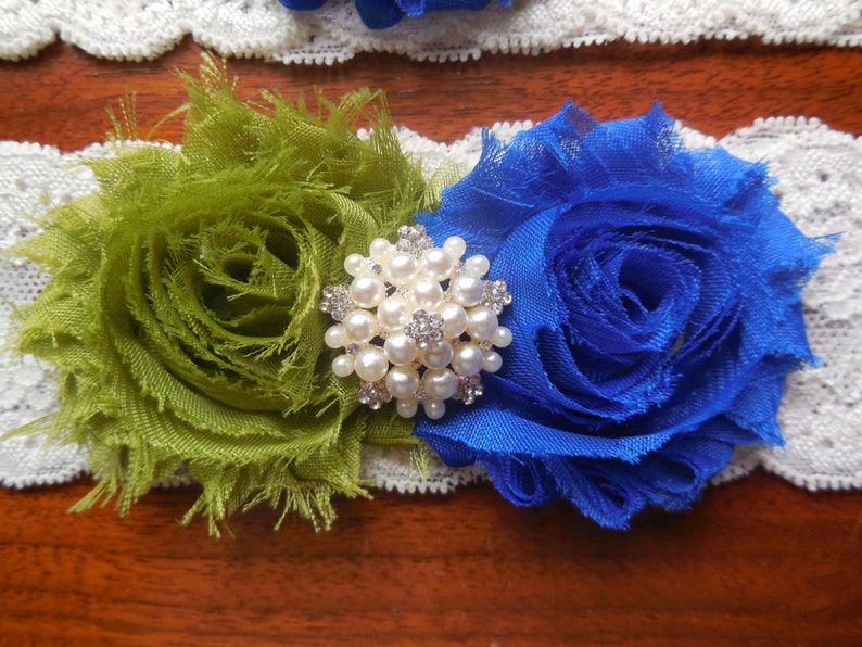 Blue Garter/ Wedding Garter / Garter / Lace Garter / Green Garter / Royal Blue Garter / Blue and Olive Garter / Something Blue / Lace Garter image 2