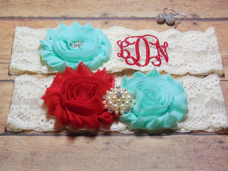 Custom Garter Mint and Red Garter Monogram Wedding Garter Personalized Garter Garter Monogrammed Garter Red Garter Mint Garter