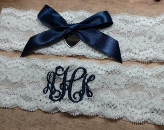 Monogrammed Garter, Something Blue, Garter, You're Next Garter, Navy Blue Garter, Wedding Garter, Shower Gift, Charm Garter, Bride