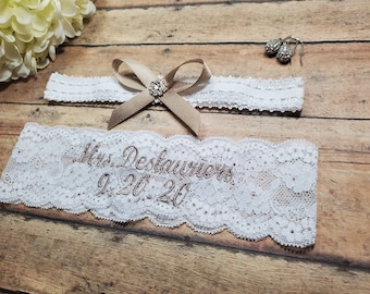 Embroidered Garter, Garter, Save the Date, Personalized Garter, Wedding Garter, Shower Gift, Bridal Lingerie, Brides Garter, Garter Set