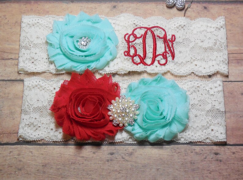 Custom Garter Mint and Red Garter Monogram Wedding Garter Personalized Garter Garter Monogrammed Garter Red Garter Mint Garter