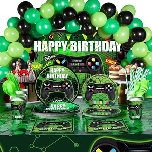 Video Game Party Decorations Boy Birthday Banner Console Controller Balloon Arch Level Up Backdrop Tablecloth Disposable Tableware Serves 16
