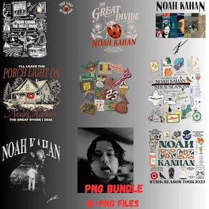 Puede incluir: Una colección de diseños gráficos con el texto "Noah Kahan" y varias ilustraciones. Los diseños incluyen una casa con el texto "I'll Leave the Porch Light On", una mariquita y un retrato. Los diseños son en blanco, negro y rojo.
