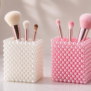 Pearl Beaded Makeup Brush Holder | Pink & White Pearl Brush Organizer | Girly Vanity Decor