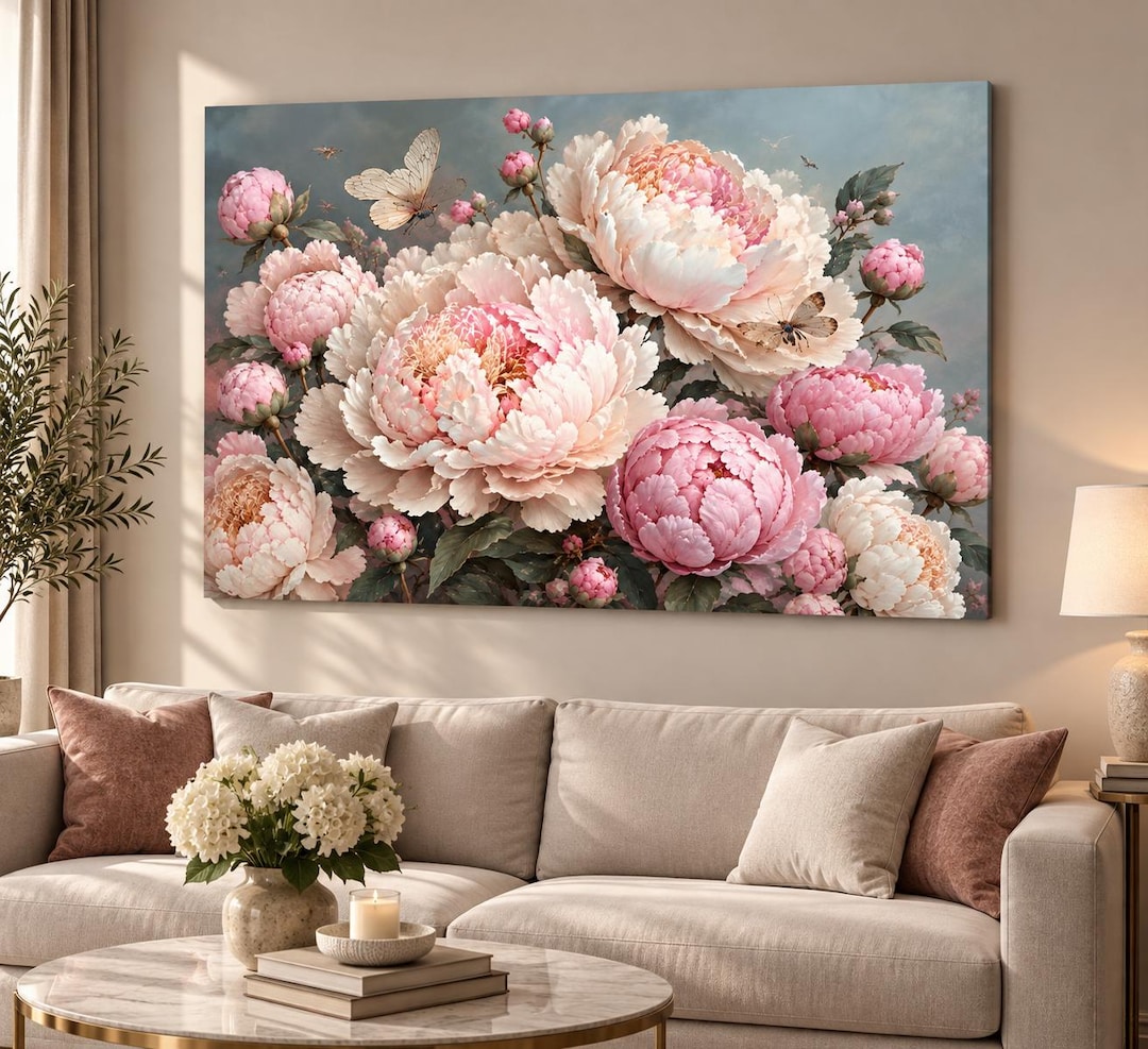 Peony Canvas Wall Art, Pink Floral Wall Decor, Botanical Artwork ...