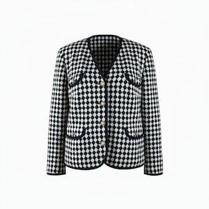 Può includere: Giacca a quadri bianchi e neri con scollo a V, maniche lunghe e bottoni dorati. La giacca ha due tasche frontali e rifiniture blu navy. Lo stile generale è classico ed elegante.