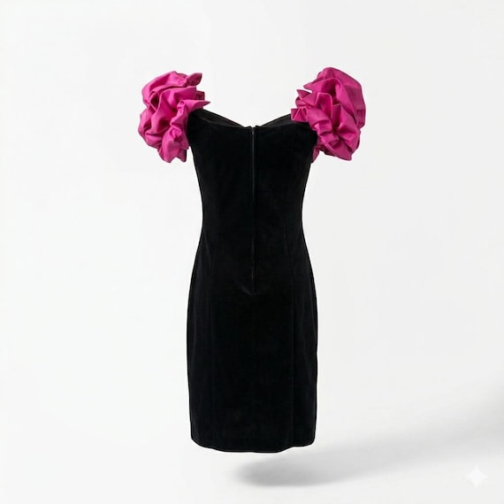 black and hot pink cocktail dress Vintage 80s Prom Puff Sleeve | Velvet Gown | Fuchsia Statement Party Dress | West Germany Evening Dress Size S fabric-LSL